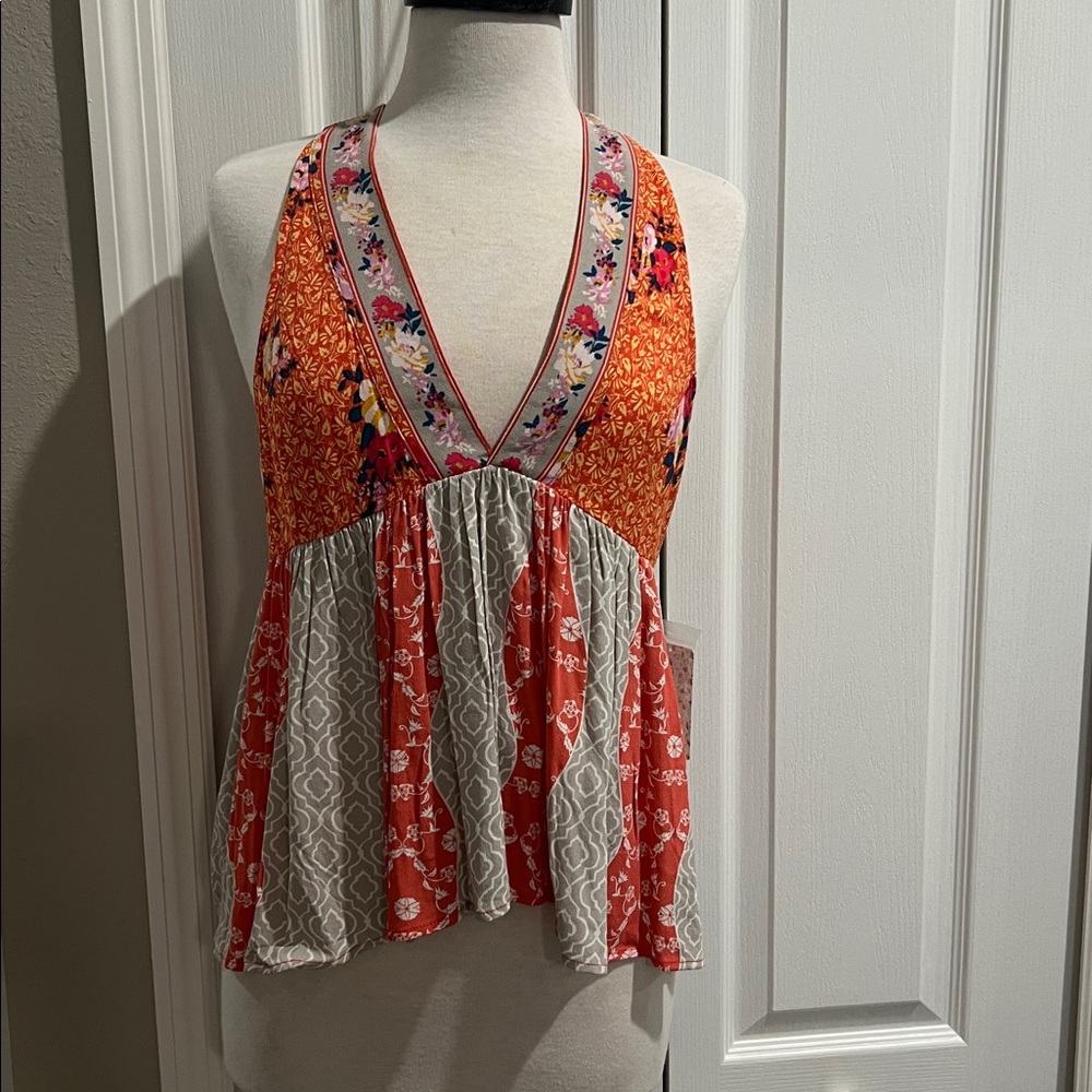Free People Orange Floral Patchwork Sleeveless V-Neck Top